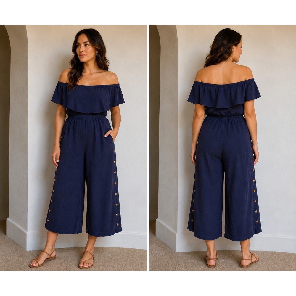 Lulus Navy Blue Off the Shoulder Ruffle Wide Leg Jumpsuit with Gold Buttons S